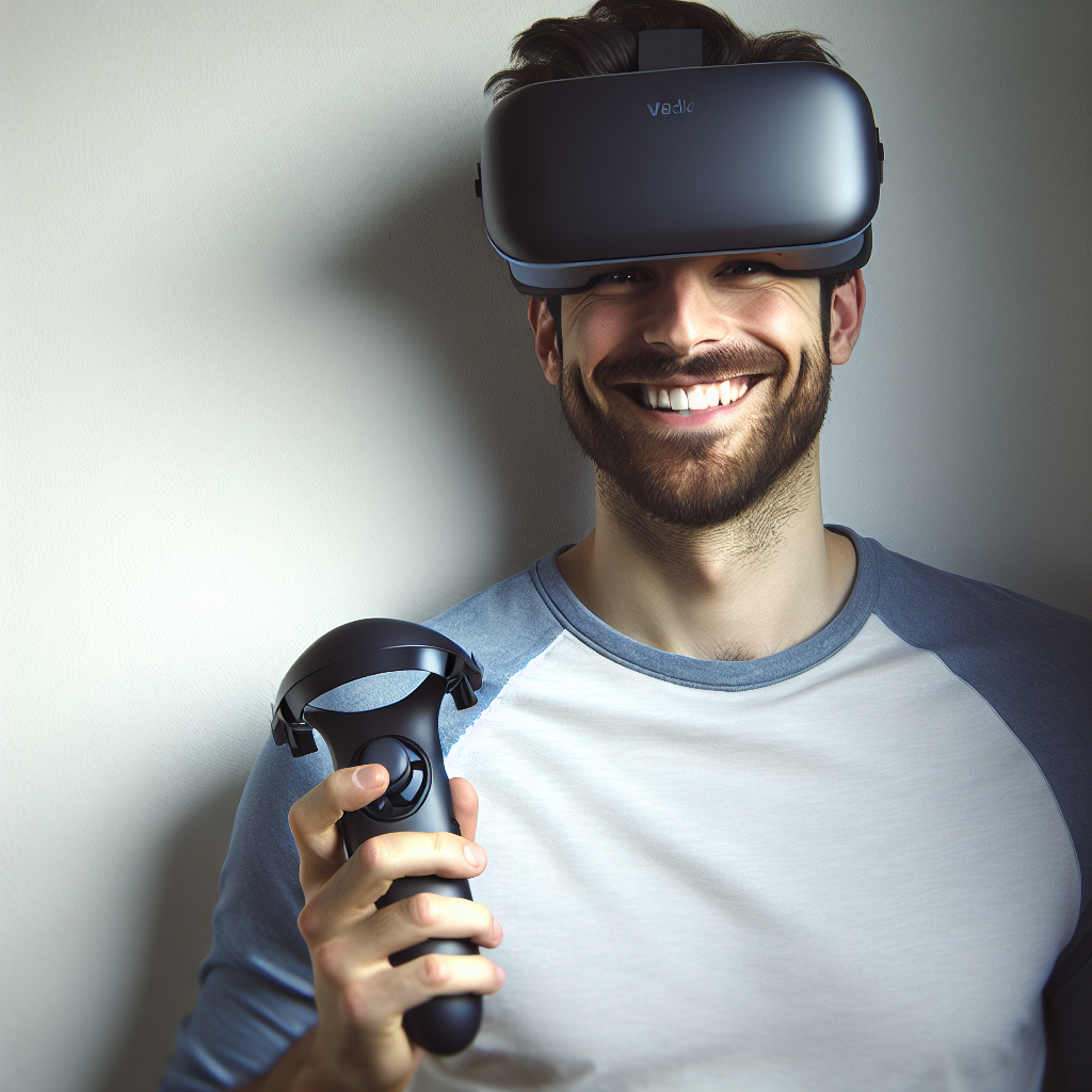 Portrait of a caucasian man smiling with VR heatsets on and a metaquest VR controller in his left hand. In the background we see a white wall.