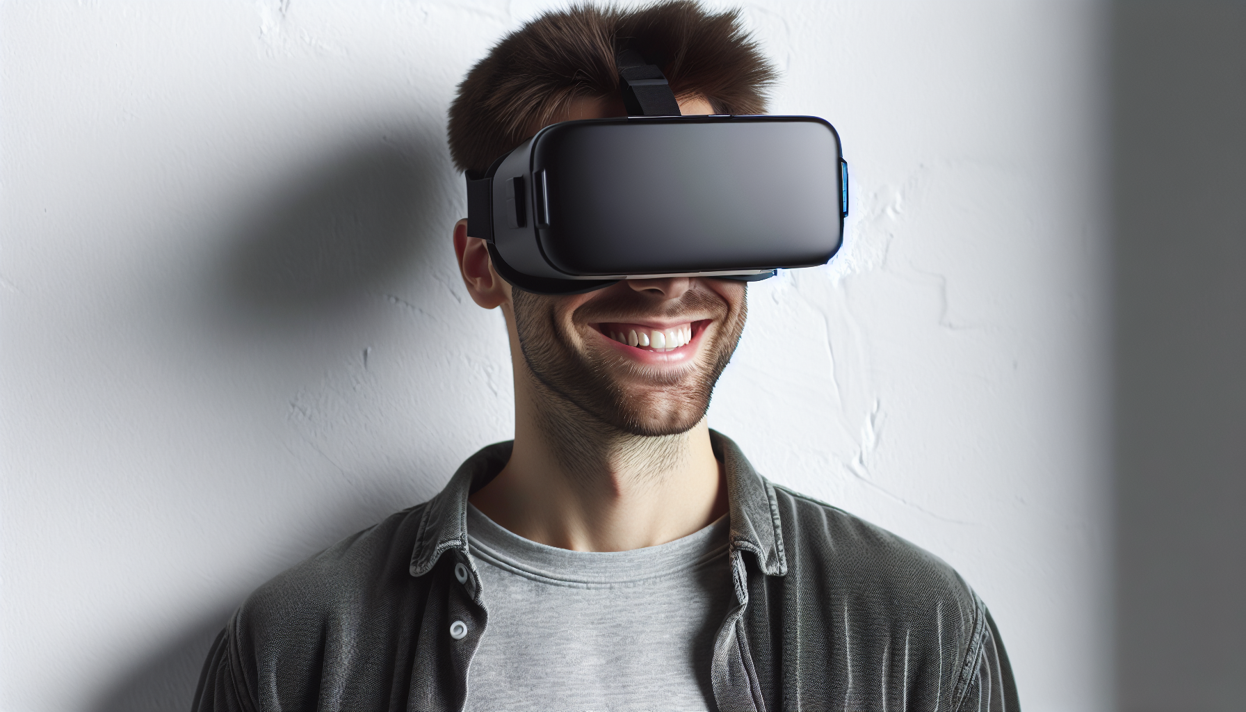 Portrait of a caucasian man smiling with VR Heatsets on. In the background we see a white wall